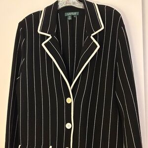 Lauren by Ralph Lauren Black & Vertical White Stripes 100% Cotton Blazer size XL